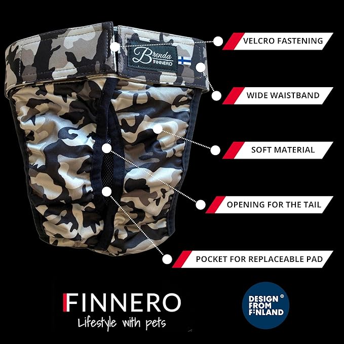 FINNERO Brenda Reusable Dog Diaper, Leak-Proof, Adjustable, Heat & Incontinence Protection, S – Camo