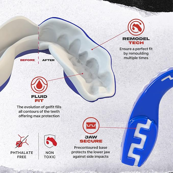 SAFEJAWZ Mouth Guard, Dual Layer Mouthguard for Adults with Case, Easy Fit Remoldable Mouthpiece for Football, Boxing, Lacrosse, MMA, Basketball & All Contact Sports (Adult 12+ Years, Shark Blue)