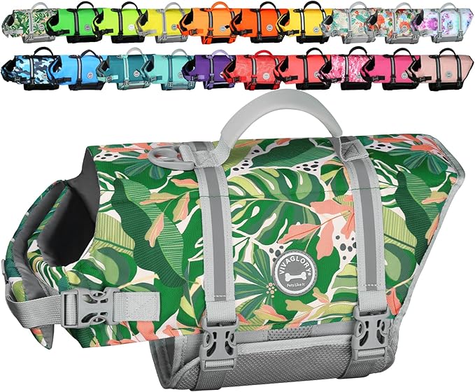 VIVAGLORY Rip Stop Dog Life Vest, Swimming Vest with Handle, Buoyancy for Doggy Puppy, Dog Life Jacket for Swimming & Boating, L, Floral