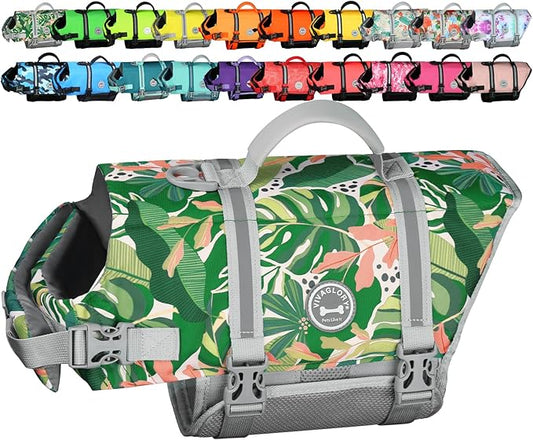VIVAGLORY Rip Stop Dog Life Vest, Swimming Vest with Handle, Buoyancy for Doggy Puppy, Dog Life Jacket for Swimming & Boating, XL, Floral