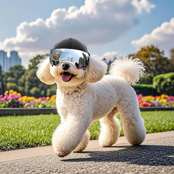 PETLESO Small Dog Helmet, Pet Motorcycle Helmet with Ear Holes, Adjustable Pet Safety Hat with Flip-Up Silver Visor, Small-Medium Puppy Heads Protection, Non-Spiked