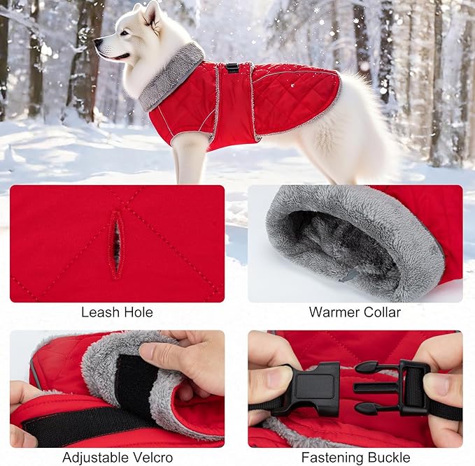 Dog Coat, Warm Dog Winter Coat for Medium Dogs, Waterproof Jacket with Adjustable Buckle & Velcro, Reflective Turtleneck Cold Weather Coats, Pet Fleece Vest Snow Jacket (Red, L)