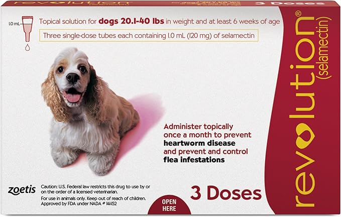 Revolution (selamectin) Topical Solution for Dogs, 20.1-40 lbs (Red), 3 Tubes