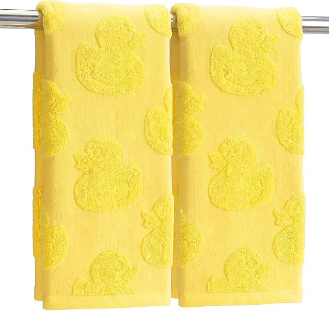 2pcs Yellow Duck Hand Towels for Bathroom Yellow Cotton Jacquard Kitchen Bath Hand Towels Set Cute Duck Decorative Weave 3D Kitchen Dish Towel Soft Absorbent Bathroom Towel Home Decor Gift