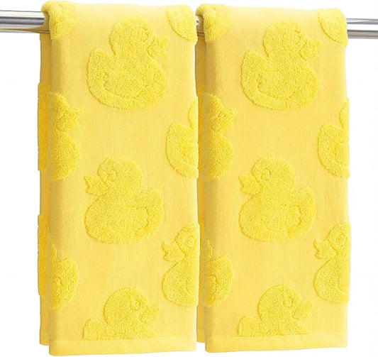2pcs Yellow Duck Hand Towels for Bathroom Yellow Cotton Jacquard Kitchen Bath Hand Towels Set Cute Duck Decorative Weave 3D Kitchen Dish Towel Soft Absorbent Bathroom Towel Home Decor Gift