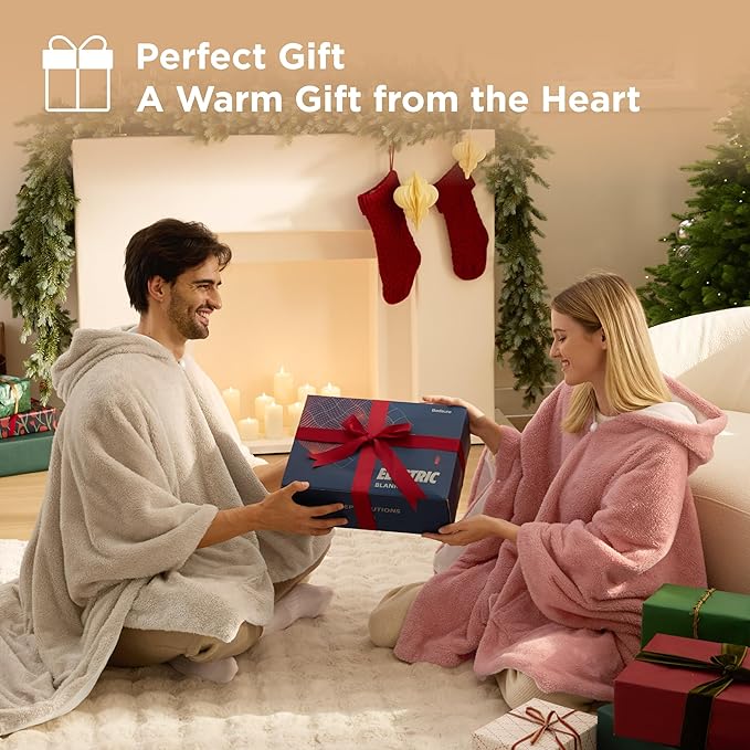 Bedsure Cordless Wearable Heated Blanket - Fluffy Electric Blanket Hoodie with 20000mAh Battery Pack, Portable USB Heated Shawl as Winter Gifts for Women Mom, 4 Heat Levels & 4 Timers, 55"x69", Pink