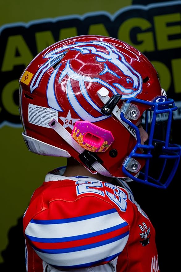 DAMAGE CONTROL Youth Football Mouth Guard – Breathable No Boil Mouthpiece, Protects Lips & Teeth, Works with Braces, Includes Helmet Strap – Sports Gear & Accessories (Brain Freeze)