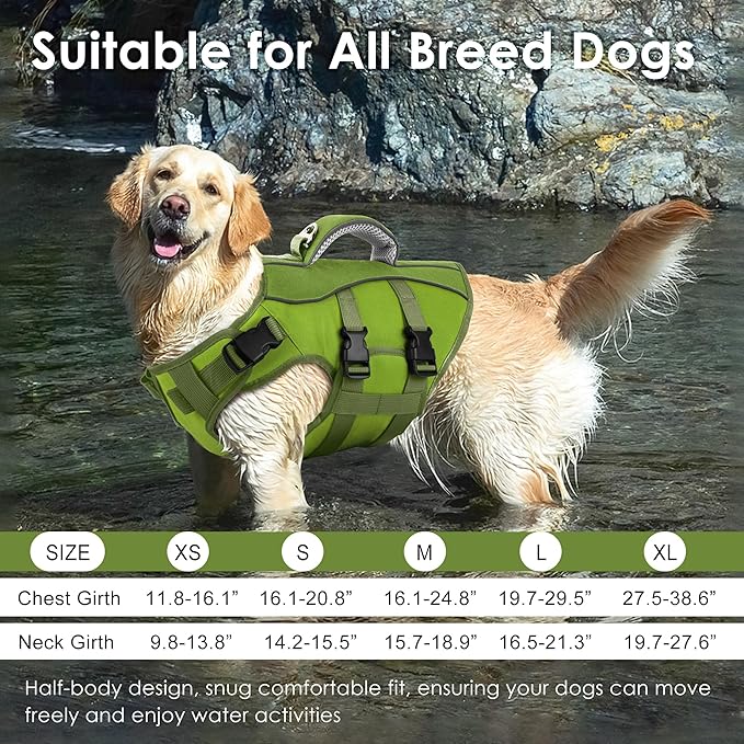 Dog Life Jacket, High Buoyancy Dog Life Vest with Handle for Swimming Boating, Adjustable Swimming Vest with Reflective Trim for Small Medium Large Dogs - Army Green, M