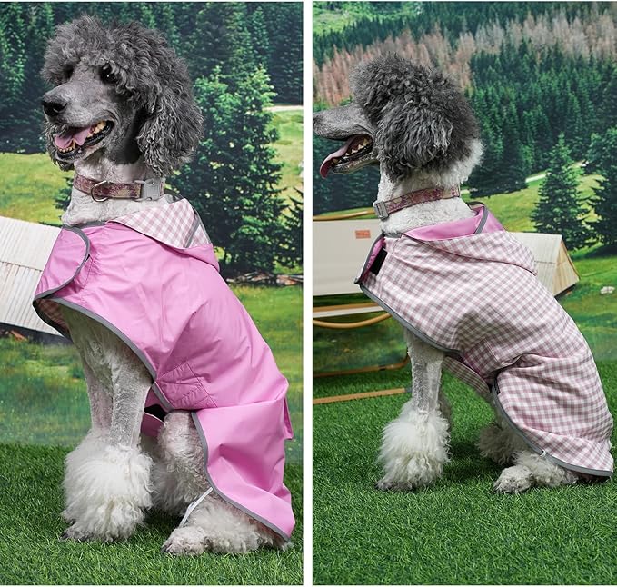 MAMORE Dog Raincoat Reversible,Waterproof Dog Rain Coat Hooded Slicker Poncho with Reflective Strip, Plaid Double Layer Rain Jacket for Small Medium Large Dogs (Dark Pink, XX-Large(55-77))