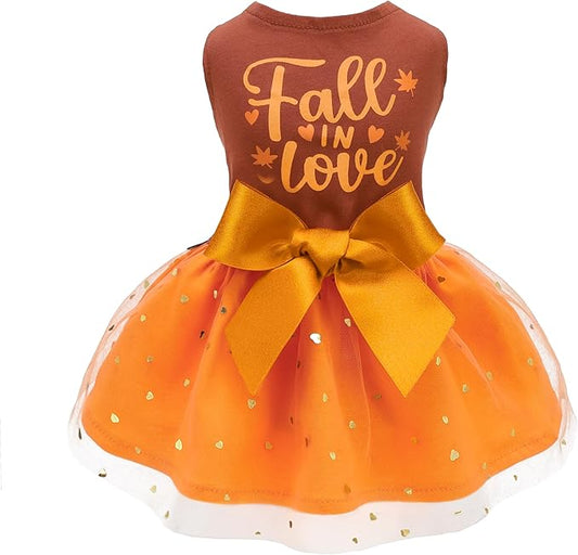 Fitwarm Thanksgiving Fall in Love Dog Dress, Sparkly Dog Clothes for Small Dogs Girl, Holiday Pet Tutu Dress, Cat Outfit, Brown, Orange, XXS