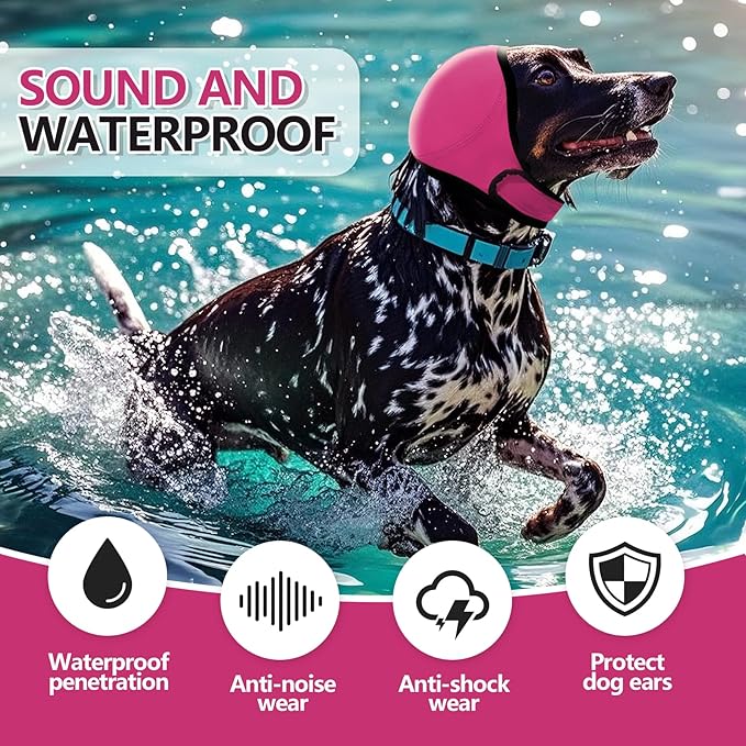 Waterproof Dog Ear Covers for Grooming, Bathing,Swimming, Pet Calming Hoodie Dog Ear Muffs Noise Protection for Blow Drying Sleep Help Headband (Pink，S)