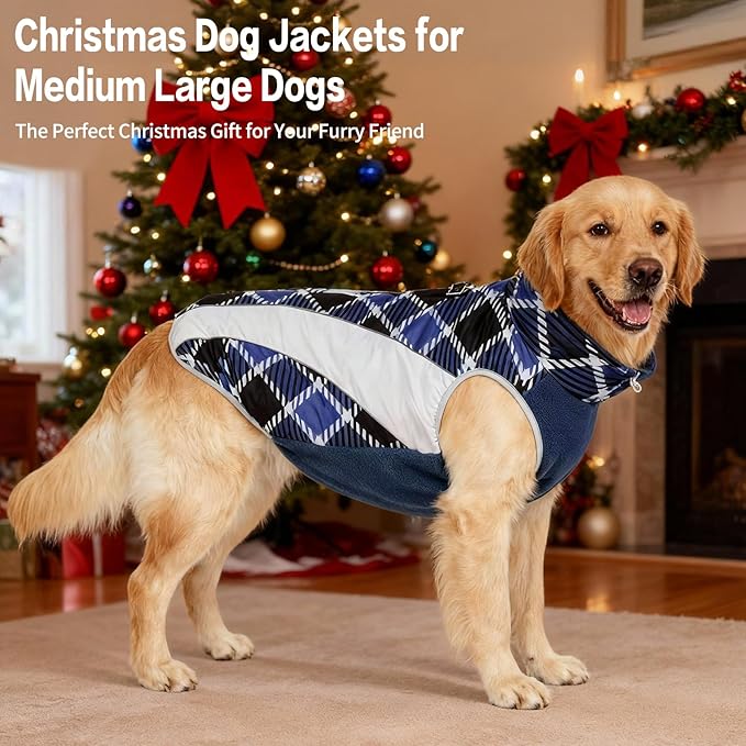Dog Coats for Medium Dogs with Harness Built in, Waterproof Dog Jacket Warm Pet Winter Coat Snowsuit for Cold Weather, Reflective Fleece Windproof Jacket, Blue, U-LDMF04L