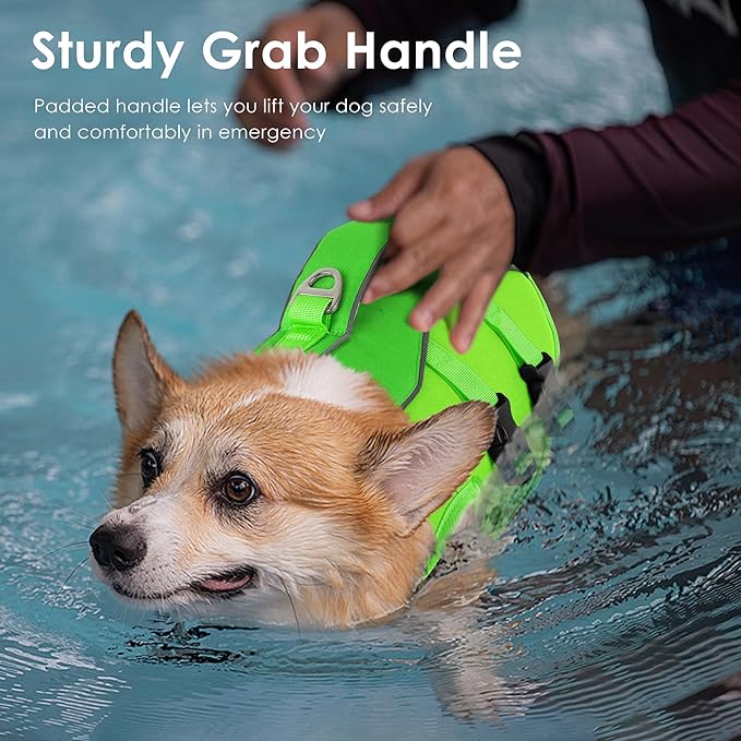 Dog Life Jacket, High Buoyancy Dog Life Vest with Handle for Swimming Boating, Adjustable Swimming Vest with Reflective Trim for Small Medium Large Dogs - Green, L