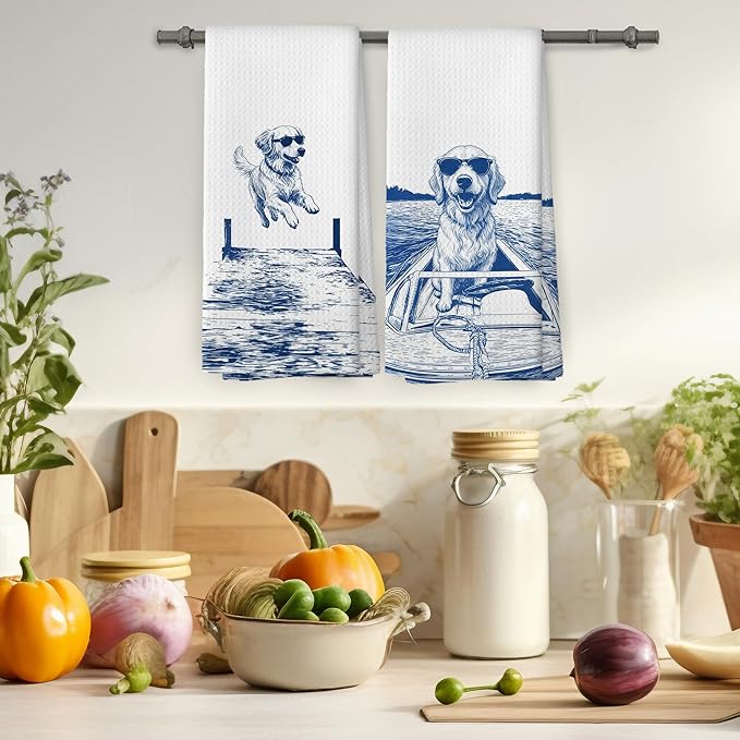 Lake House Decor Golden Retriever Kitchen Towels Set of 2, Summer Funny Lake Dog Coastal Bathroom Hand Towel, Dog Lover Gifts Tea Towel Dish Towels 16x24 Inch