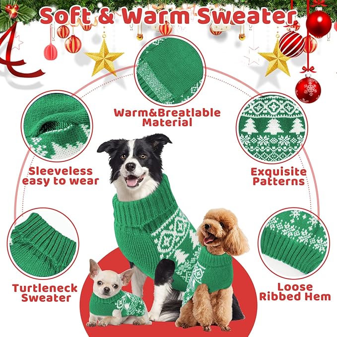 Christmas Dog Sweaters for Small Medium Large Dogs and Cats,Pet Soft Warm Holiday Outfit Girl & Boy,Pup Winter Clothes Turtleneck Double Knitting Collar for Outdoors Playing（Green，L）
