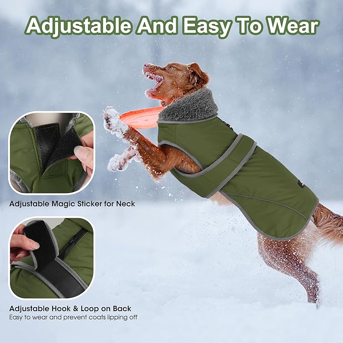 Dogcheer Dog Coat, Waterproof Dog Jacket Reflective Pet Winter Coat with Adjustable Hook & Loop, Christmas Puppy Fleece Jacket Warm Turtleneck Snowsuit for Small Medium Large Dogs - Green, XL