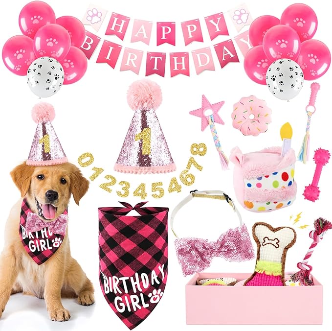 23 Pcs Dog Birthday Party Supplies Set Birthday Toys Cake Teething Squeak Interactive Decorations with Box for Puppy Small Medium Dog(Pink)
