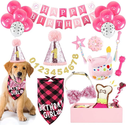 23 Pcs Dog Birthday Party Supplies Set Birthday Toys Cake Teething Squeak Interactive Decorations with Box for Puppy Small Medium Dog(Pink)