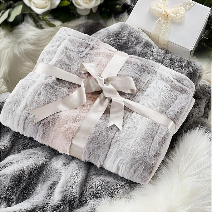 Madison Park Zuri Soft Plush Luxury Oversized Faux Fur Throw Animal Stripes Design, Faux Mink On The Reverse, Modern All Seasons Blanket for Bed, Sofa Couch, Office, Blush/Grey, 60x70