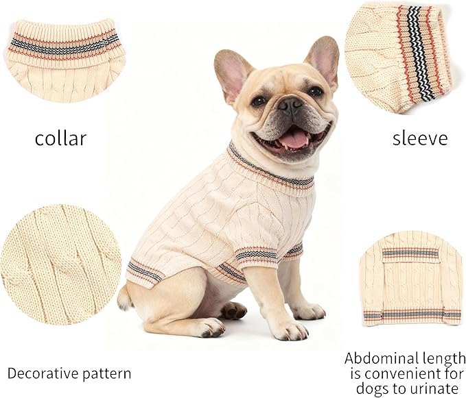 Small/Medium Dog Sweater, Warm Dog Winter Coat w/Sleeves, Comfortable High Neck & Leash Hole, Premium Dog Clothes for Bulldog-Best for Holidays, Daily Walks L White