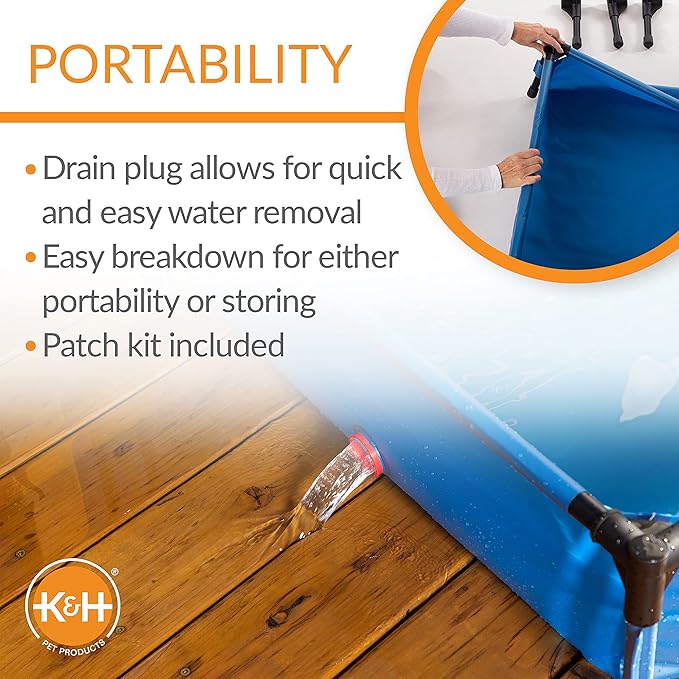K&H Pet Products Portable Dog Pool & Pet Bath for Dogs and Puppies, Swimming Pool for Large Pets, Heavy Duty Liner with Metal Frame, Easy Drain Plug, Foldable - Large 42 X 30 X 7in Chill Blue