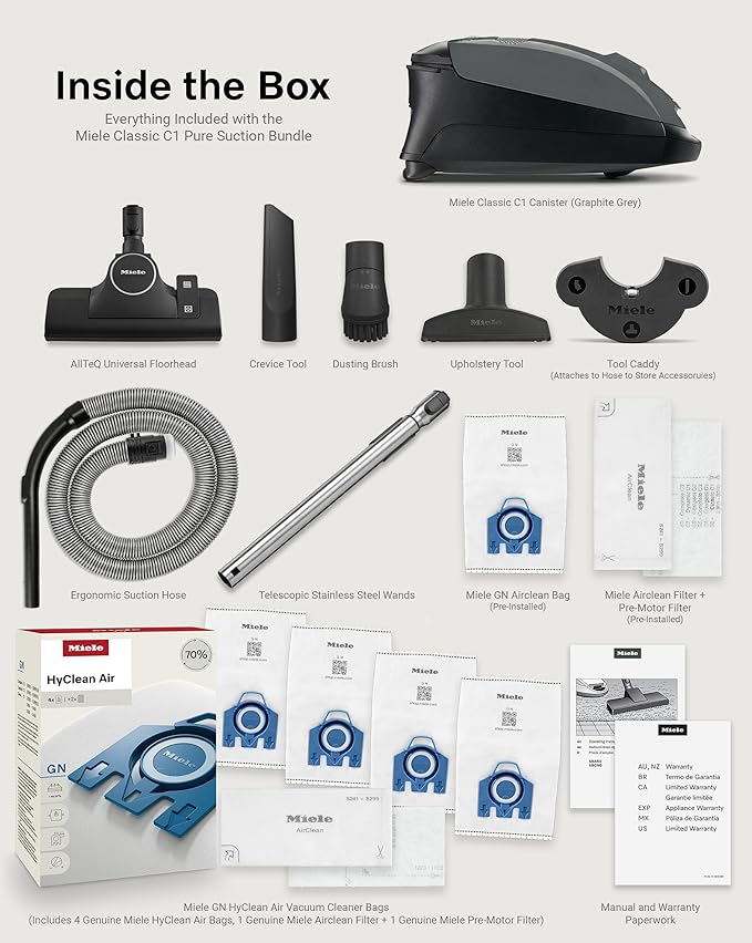 Miele Classic C1 Pure Suction Canister Vacuum Cleaner with AllTeQ Universal Floorhead Bundle - Includes GN Bag Pack - 4 HyClean Air Genuine FilterBags + Genuine AirClean Filter and Pre-Motor Filter