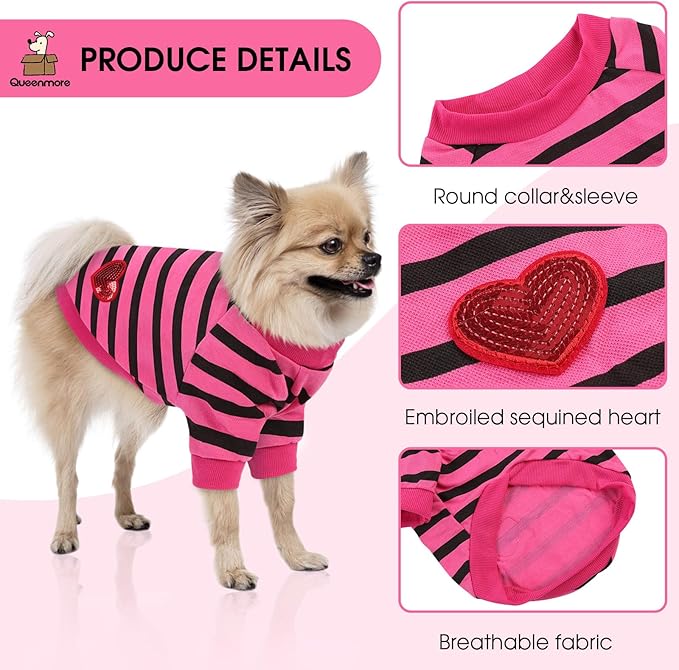 Queenmore Dog Cotton Shirt, Striped Dog T-Shirt, Long Sleeve Puppy Clothes for Small Medium Dogs Cats, Dog Outfits for Frenchie, Dachshund, Yorkie, X-Large, Pink