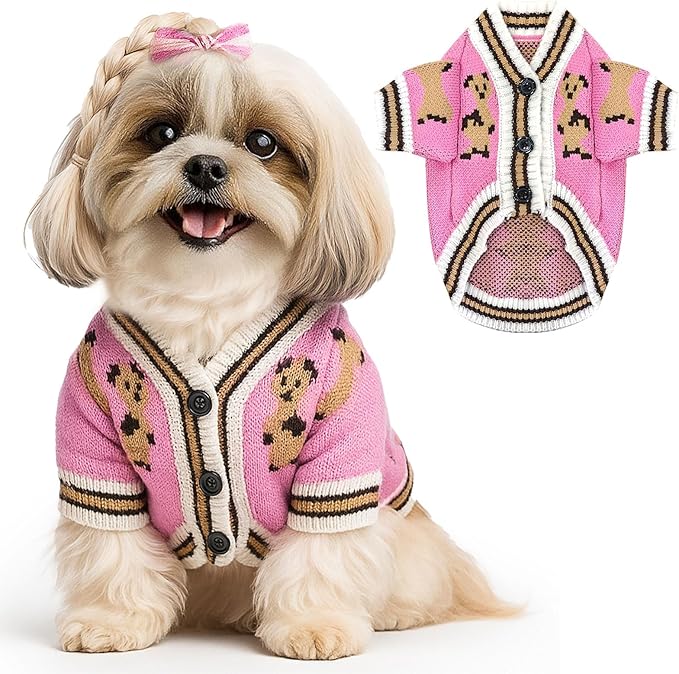 Small Dog Sweaters Cute Bear Dog Cardigans Clothes for Small Medium Dogs Boy Girl Puppy Cat Knitting Cardigan Outfits Dogs Winter Coats Warm Pet Doggy Clothes Soft Knitwear (Pink, Large)