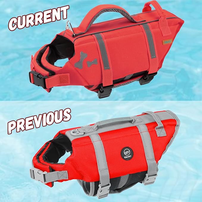 EMUST Dog Life Vests, Adjustable Dog Life Jacket with Rescue Handle, Dogs Flotation Vest for Small/Medium/Large Dogs, XS, NewRed