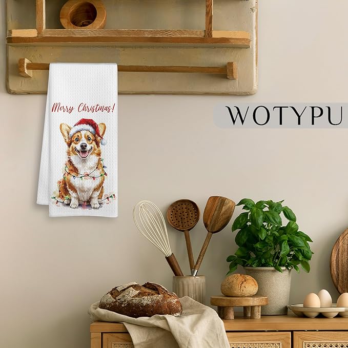 Corgi Christmas Kitchen Towels, Corgi Gifts for Women Men Dish Tea Towels, Dog Lover Gifts Decorative Hand Towel for Bathroom, Christmas Bathroom Decor, 16X24 Inch