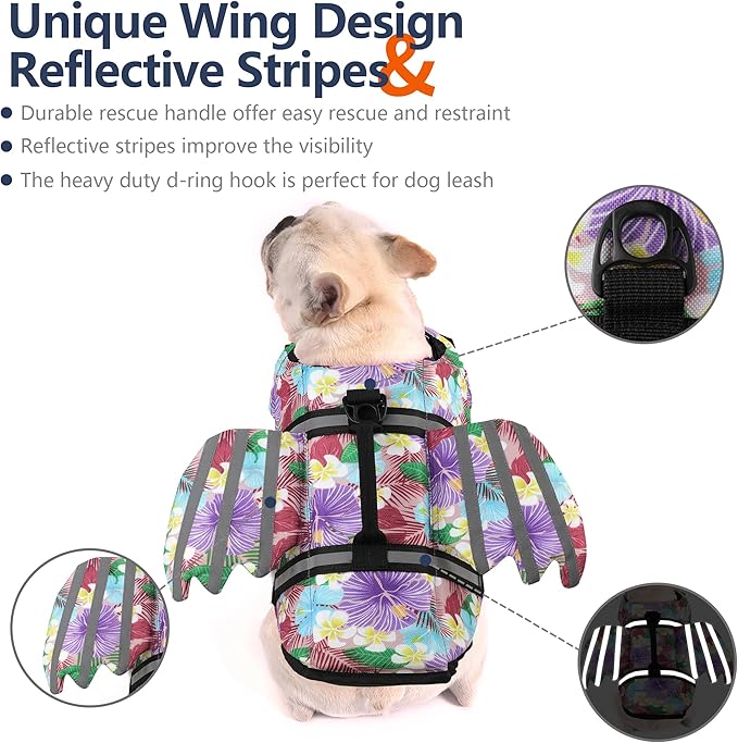 Dog Life Jacket, Wings Pet Life Vest for Swimming Boating Reflective Dog Flotation Swim Vest with Handle and Chin Float for Small Medium Large Size Dogs, XL, Floral Purple