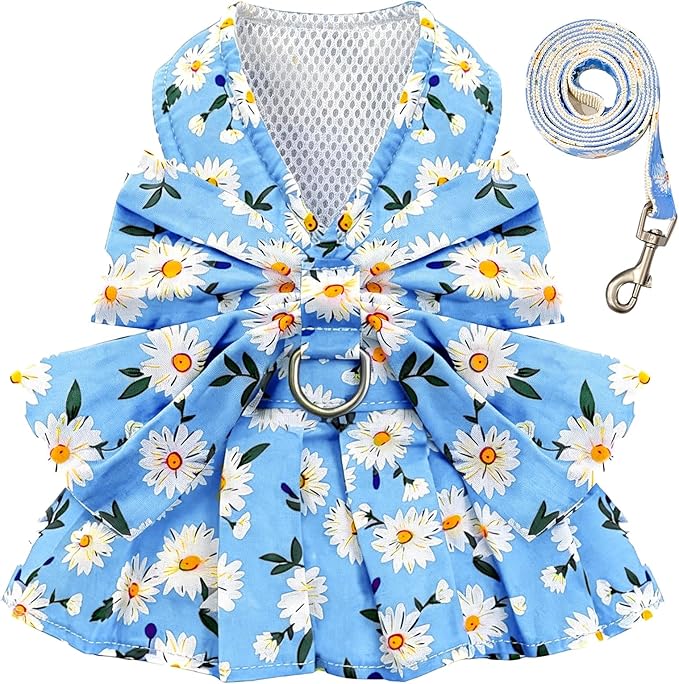 BAEJMJK Dog Dress Bowknot Harness Leash Set for Small Dogs Cats Daisy Floral Girl Dog Dresses Cute Puppy Princess Clothes Pet Doggy Outfits Spring Summer Breathable Dresses(Blue,Small)