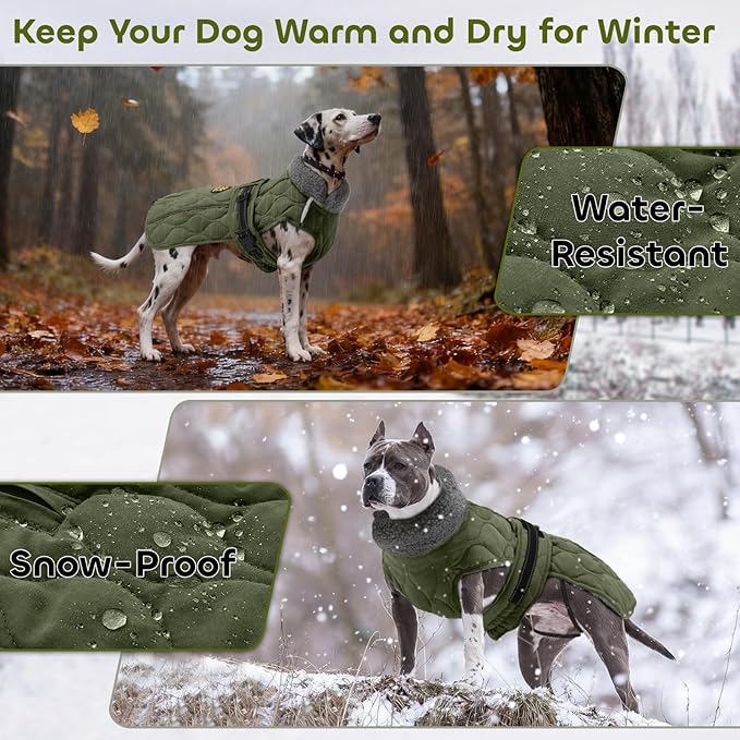 Dog Winter Coat, Adjustable Quilted Dog Snow Jacket with Fleece Lining, Water Resistant Pet Apparel for Cold Weather, Warm Large Doggie Coat with Leash Hole and Reflective Strip, NewGreen L
