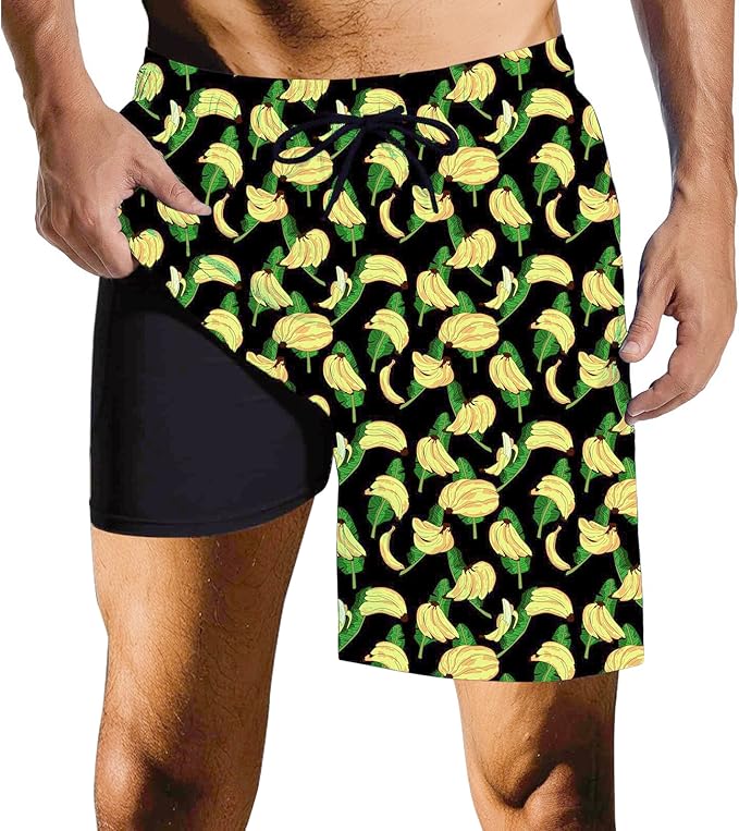 Mens Swim Trunks with Compression Liner Quick Dry Zipper Pocket Bathing