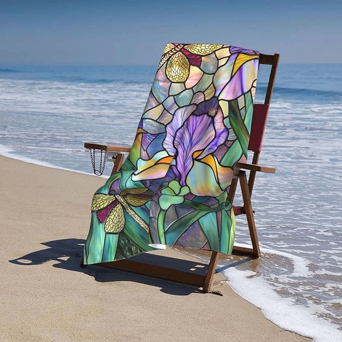 Stained Glass Dragonfly Beach Towel Art Sand-Free Microfiber Bath Towel Ultra Soft Quick Dry Pool Towel Absorbent Towel Lightweight Towel Gifts for Outdoor Bathroom Swimming Decor 31inx51in