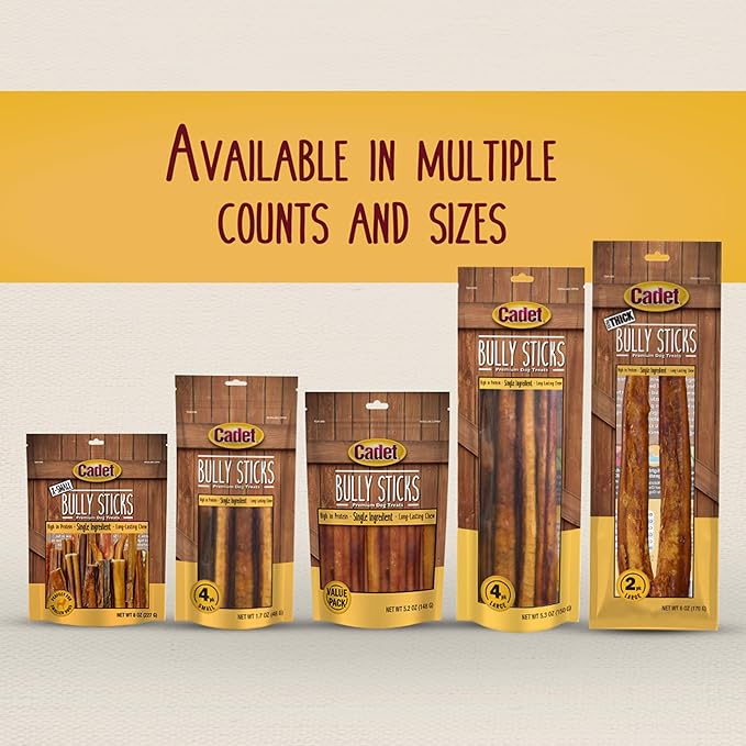 Cadet Bully Sticks for Small Dogs – All-Natural Beef Pizzle, High Protein, Low Fat, Long-Lasting, Grain & Rawhide-Free Dog Chews for Aggressive Chewers, Small (50 Count)