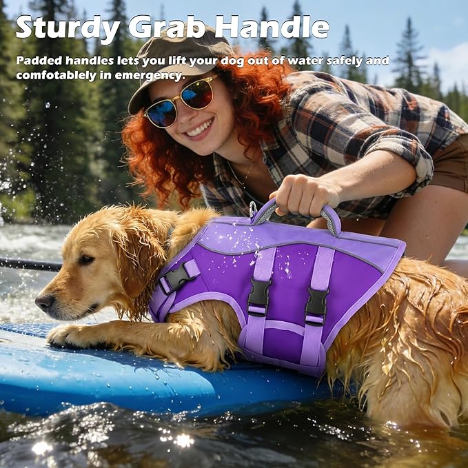 Dog Life Jacket, High Buoyancy Dog Life Vest with Handle for Swimming Boating, Adjustable Swimming Vest with Reflective Trim for Small Medium Large Dogs - Purple, XL
