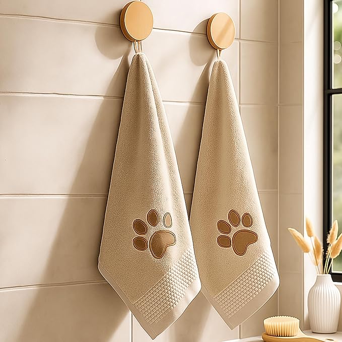 2 Pcs Dog Paw Hand Towels Bathroom Decor 13 x 29 Inch 100% Cotton Embroidered Soft Hand Towels Absorbent Farmhouse for Kitchen Restroom (Brown)
