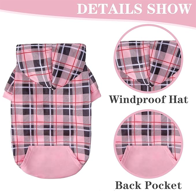 EXPAWLORER Plaid Dog Hoodie - British Style Warm Dog Sweater Shirt with Leash Hole,Pitbull Clothes Outfits,Winter Coat Apparel for All Breeds Puppy Girl Boy-Cat Apparel,Pink Medium