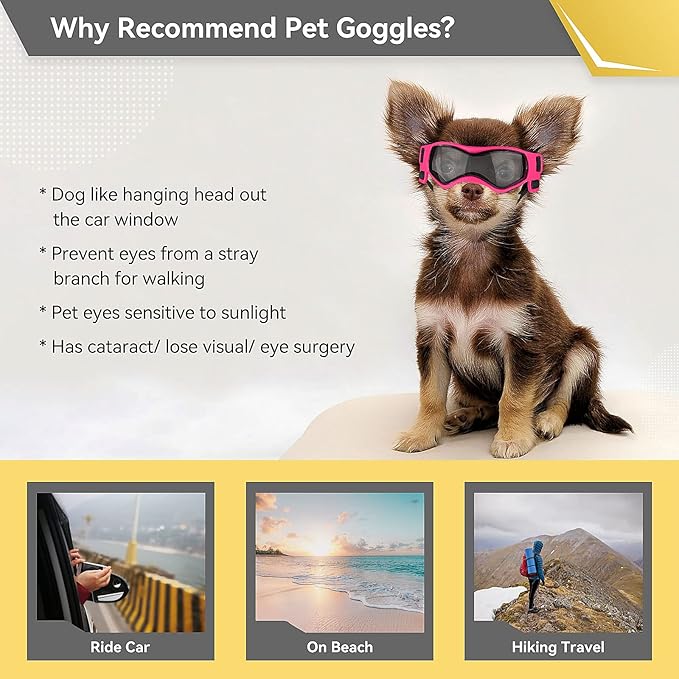 NAMSAN Dog Goggles Small Breeds, UV Protection Dog Glasses for Small Dogs, Puppy Sunglases Windproof Dustproof Driving Eye Protection, Adjustable, Classic Pink