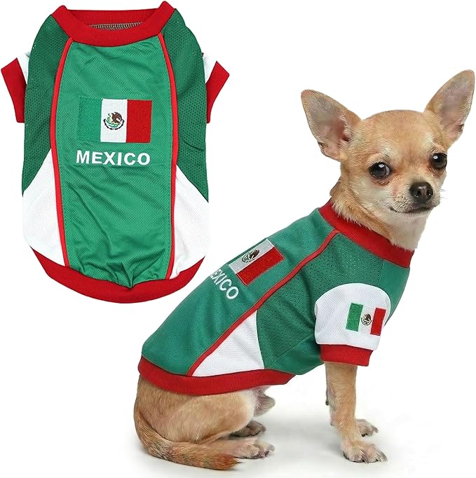 Parisian Dog Mexico Jersey - Breathable Mesh Puppy Football Jersey - Lightweight Stretch Sporty Dog Mexican Outfit - Summer Shirts for Small Dogs - Soccer Jersey for Dogs - Sportswear Pet Clothes