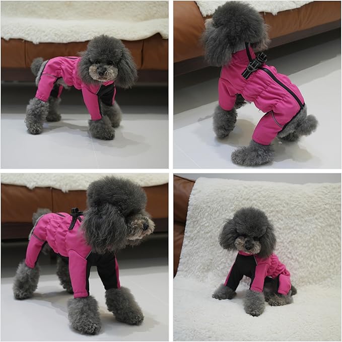 Winter Waterproof Dog Snowsuit – Full Body Outdoor Jacket with Leash Ring, Fleece Lining, Windproof Reflective 4-Leg Dog Coat for Small to Large Dogs Hot Pink L