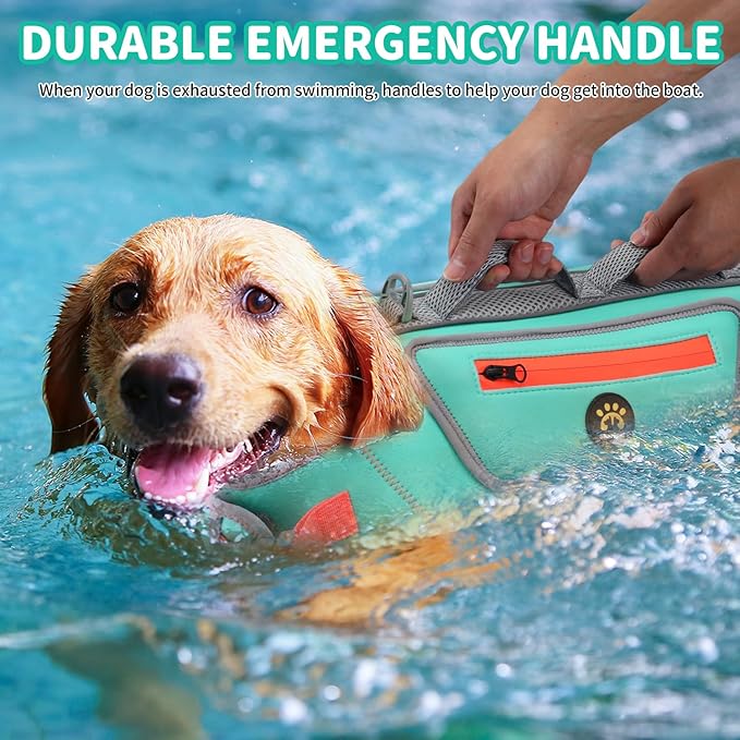 Dog Life Vest for Swimming, High Flotation Dog Life Jacket for Large Dogs Good Visibility Reflective Puppy Floating Vest, Adjustable Neoprene Pet Swimsuit with Rescue Handle, Turquoise, L