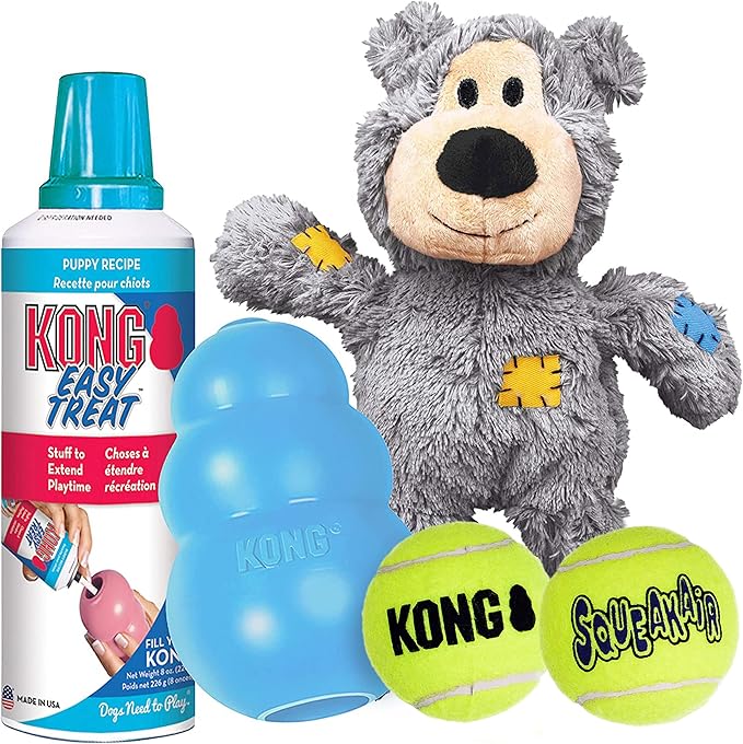 KONG Puppy Starter Dog Toy Kit - Interactive Play Kit with SqueakAir Balls, Easy Treat, Wild Knots Bear & KONG Toy - For Large Puppies - Blue