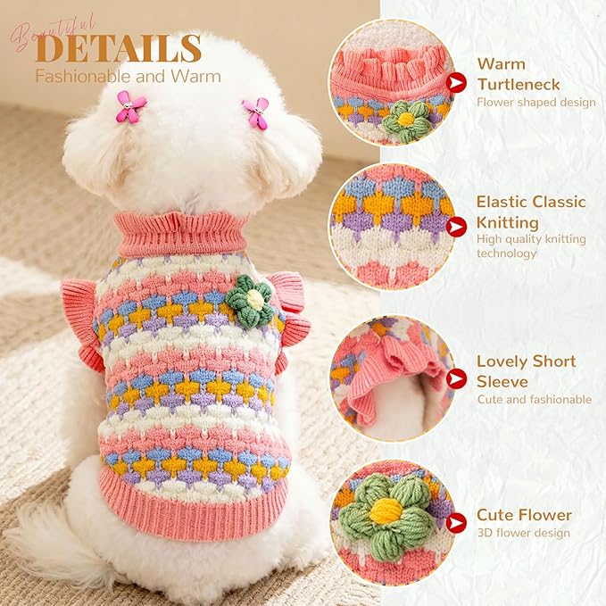 BAEJMJK Cute Flower Small Dog Sweater Soft Girl Dog Clothes Turtleneck Warm Pet Puppy Knitted Pullover Princess Dogs Cats Outfits(Pink,Medium)