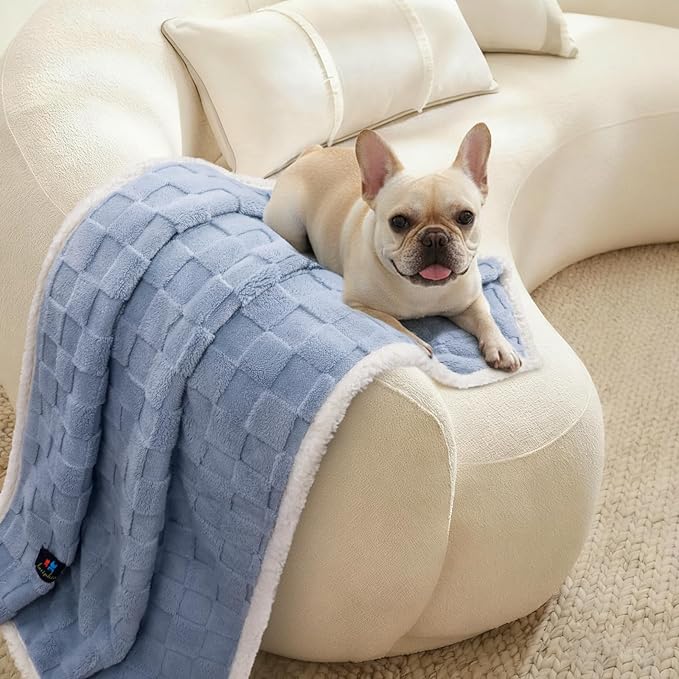 Luciphia Waterproof Dog Blanket for Small Dogs Washable Soft Sherpa Fleece Cat Blankets with 3D Jacquard Cozy Calming Reversible Couch Protector Furniture Protection for Pet, Blue White, 40x28 inch