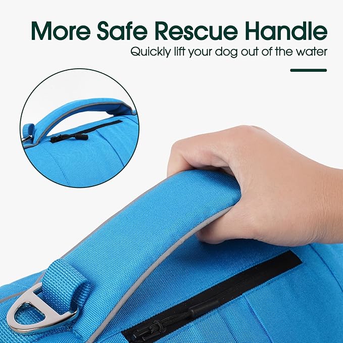 Kuoser Dog Life Jacket, High Flotation Dog Life Vest for Swimming Boating, Adjustable Small Medium Large Dogs Swim Vest with Rescue Handle and Pocket, Reflective Safety Pet Lifejacket Floats for Pool