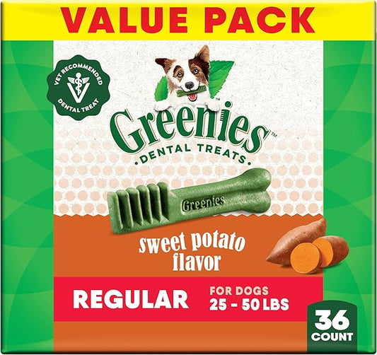 Greenies Veterinarian-Recommended Natural Dental Dog Treats, Dental Chews for Dogs, Regular Size, Sweet Potato Flavor, 36 oz. Pack, 36 Count