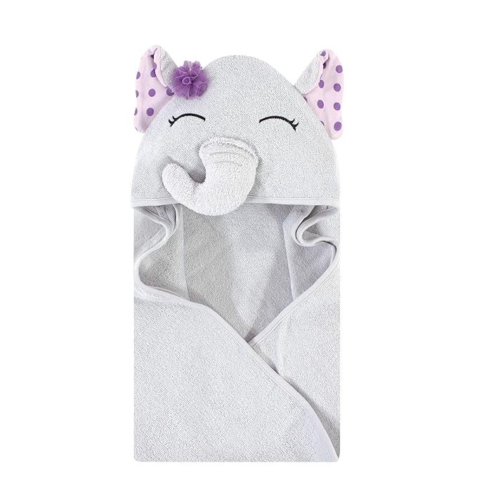 Hudson Baby Unisex Baby Cotton Animal Face Hooded Towel, Purple Dots Pretty Elephant, One Size