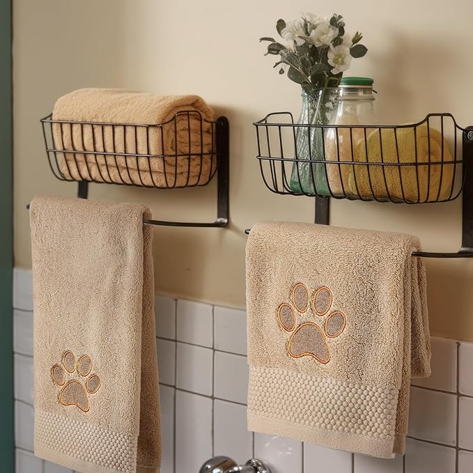 2 Pcs Dog Paw Hand Towels Bathroom Decor 13 x 29 Inch 100% Cotton Embroidered Soft Hand Towels Absorbent Farmhouse for Kitchen Restroom (Brown)